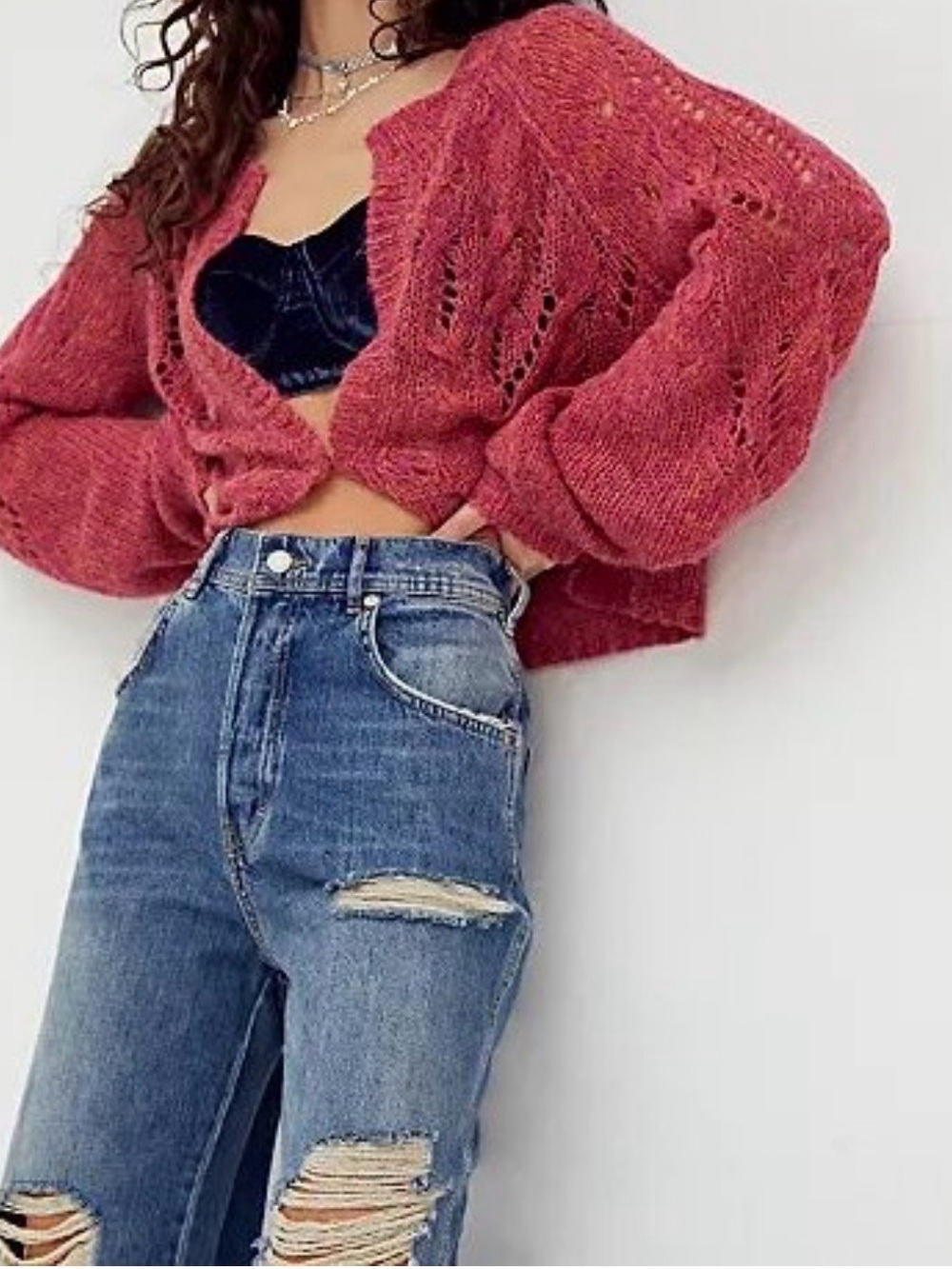 Open-Knit Cropped Cardigan Sweater in Dusty Rose